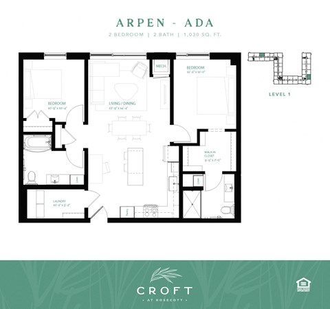 Floor plan for 2 beds, 2 baths, 1030 sqft